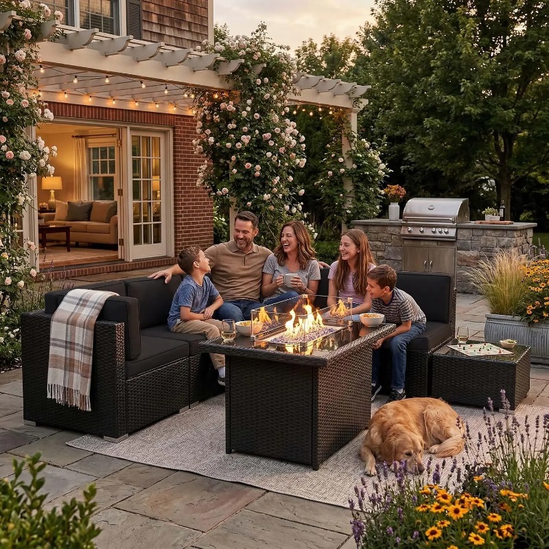 Outdoor Furniture Fire Table - 8-местный комплект плетеной мебели для патио