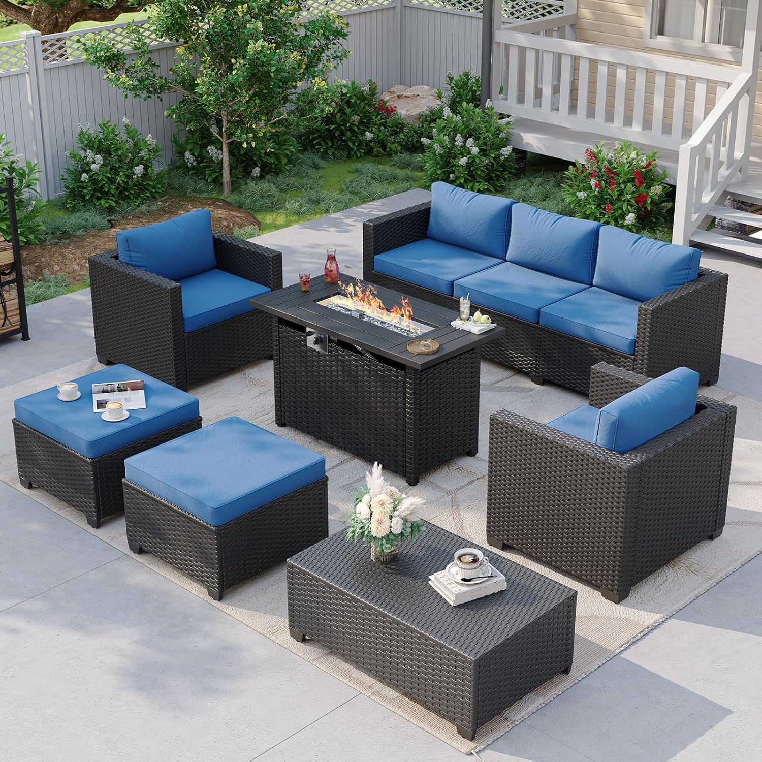 Outdoor Furniture Fire Table - Синий уличный секционный диван с каминным