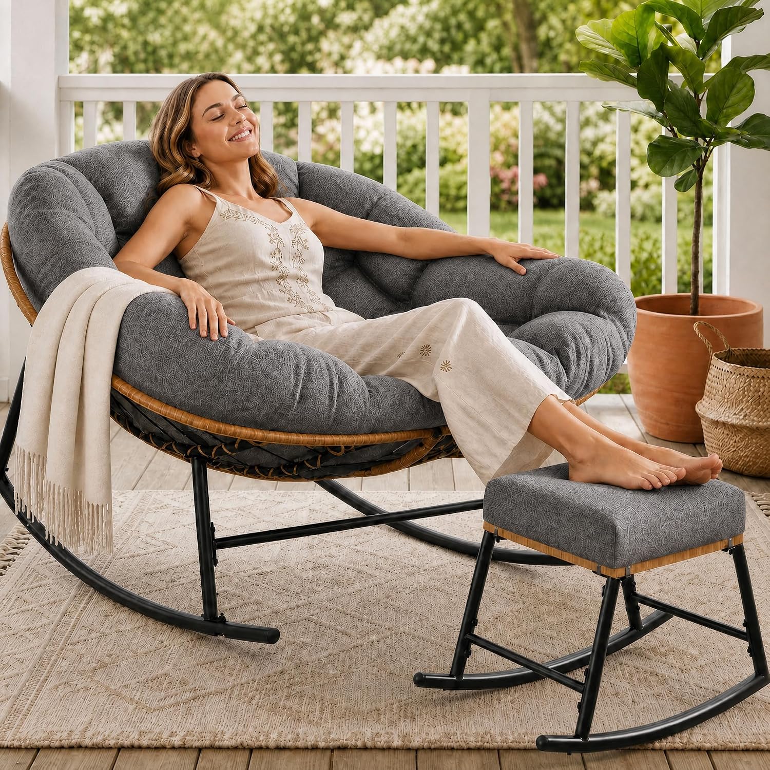 Outdoor Furniture No Cushions - Большое кресло-качалка «Папасан» с подставкой для